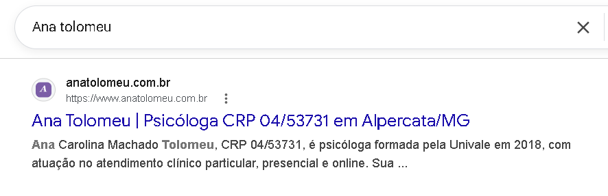Resultado da psicóloga Ana Tolomeu aparecendo no Google